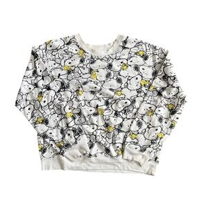 Peanuts Sweatshirt XL White Snoopy Woodstock Fleece Pullover Allover Print